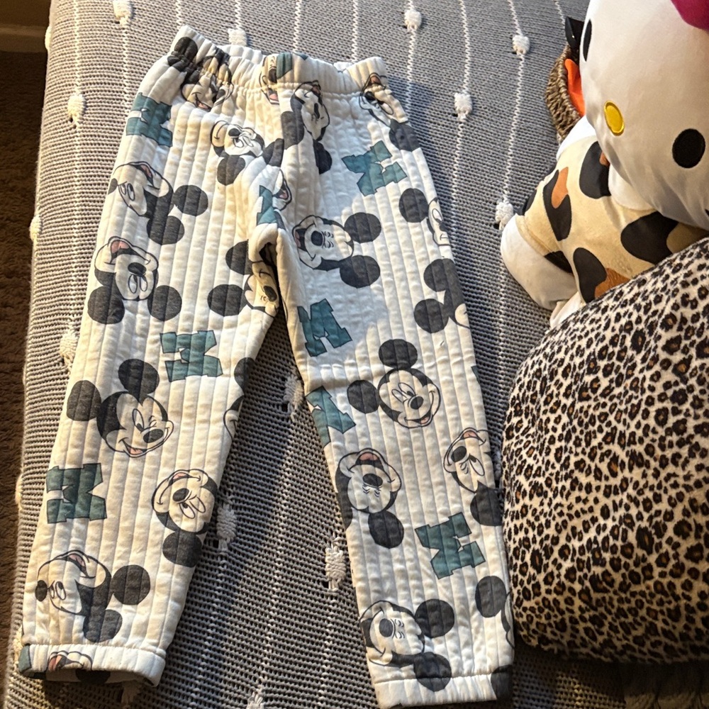 Disney Kids White & Black Mickey Mouse Quilted Jogger Pants with Teal Accents